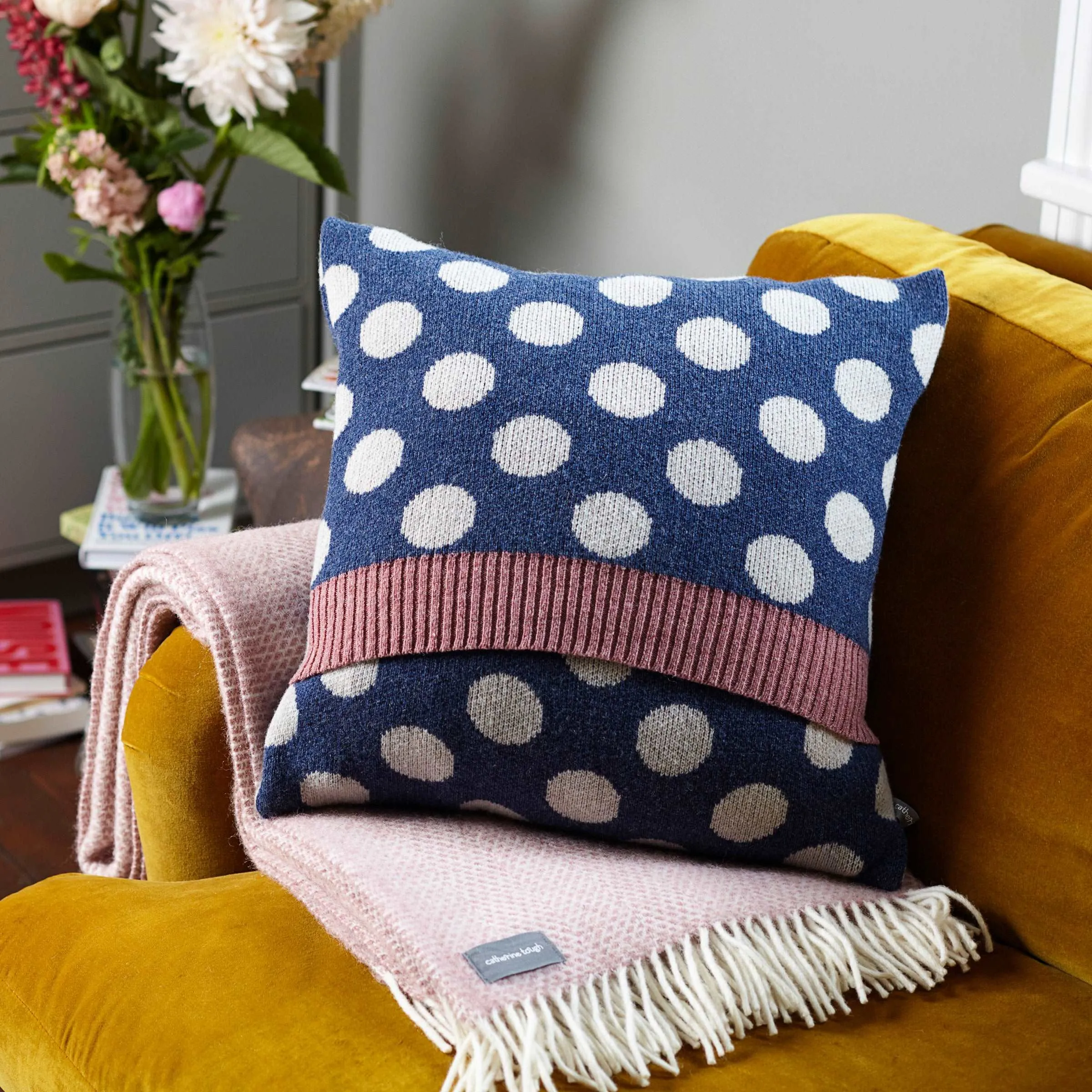 Knitted Lambswool  Denim & Oatmeal Big Spot Cushion