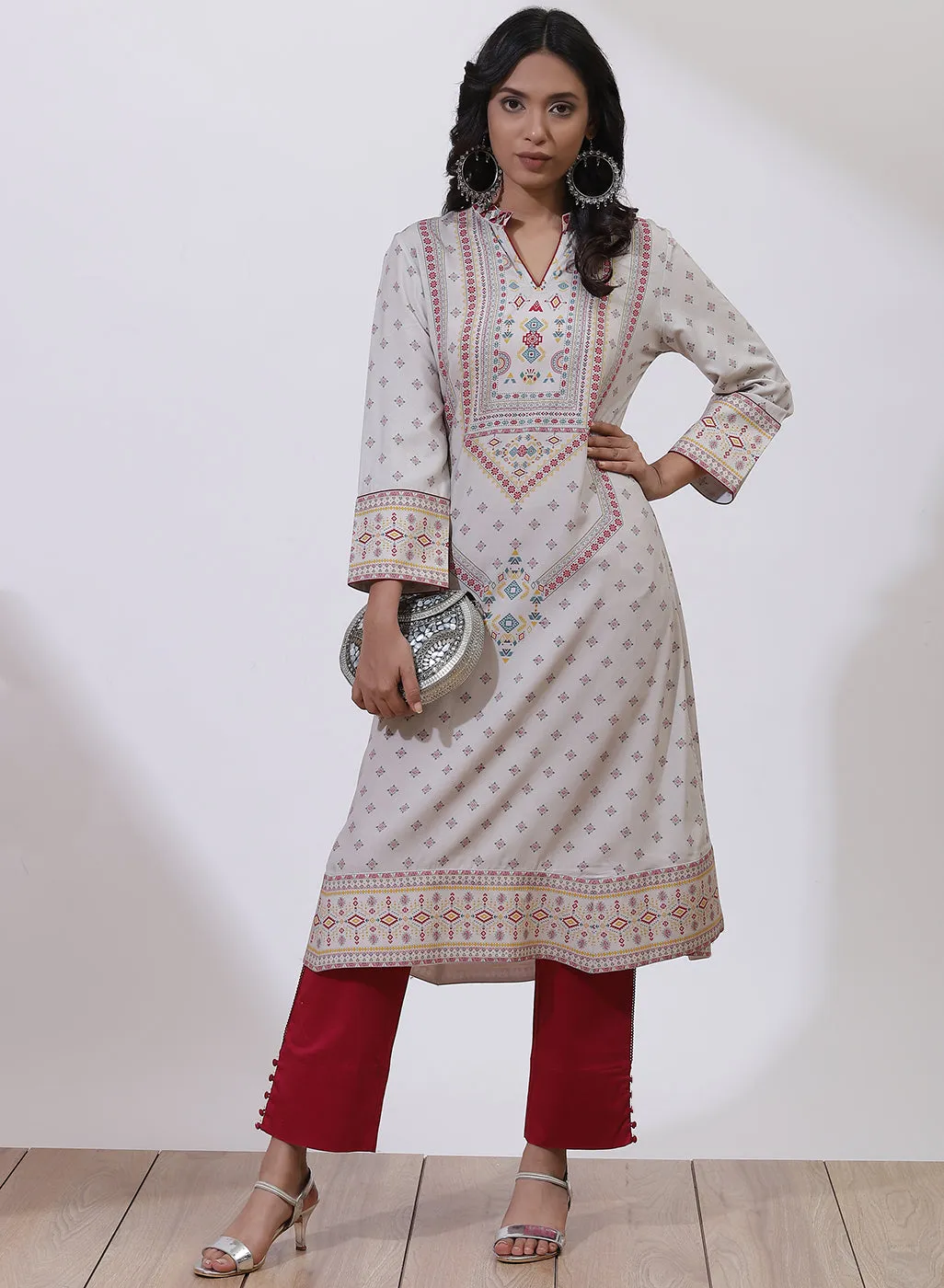 Light Grey and Orange Phool Collection A-line Kurta