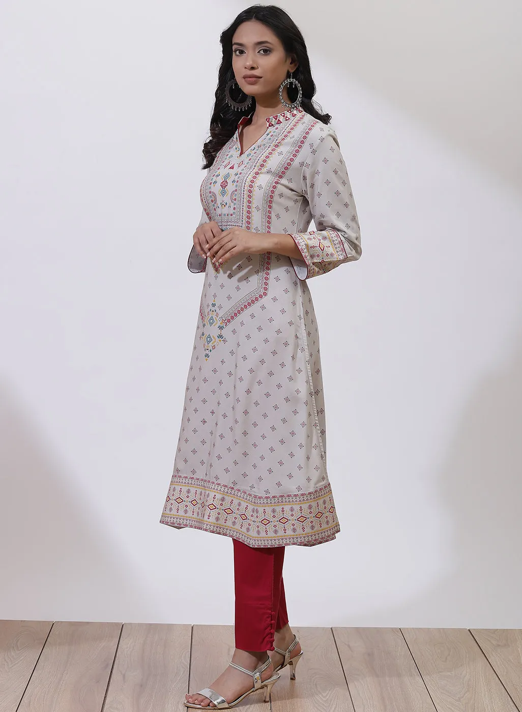 Light Grey and Orange Phool Collection A-line Kurta