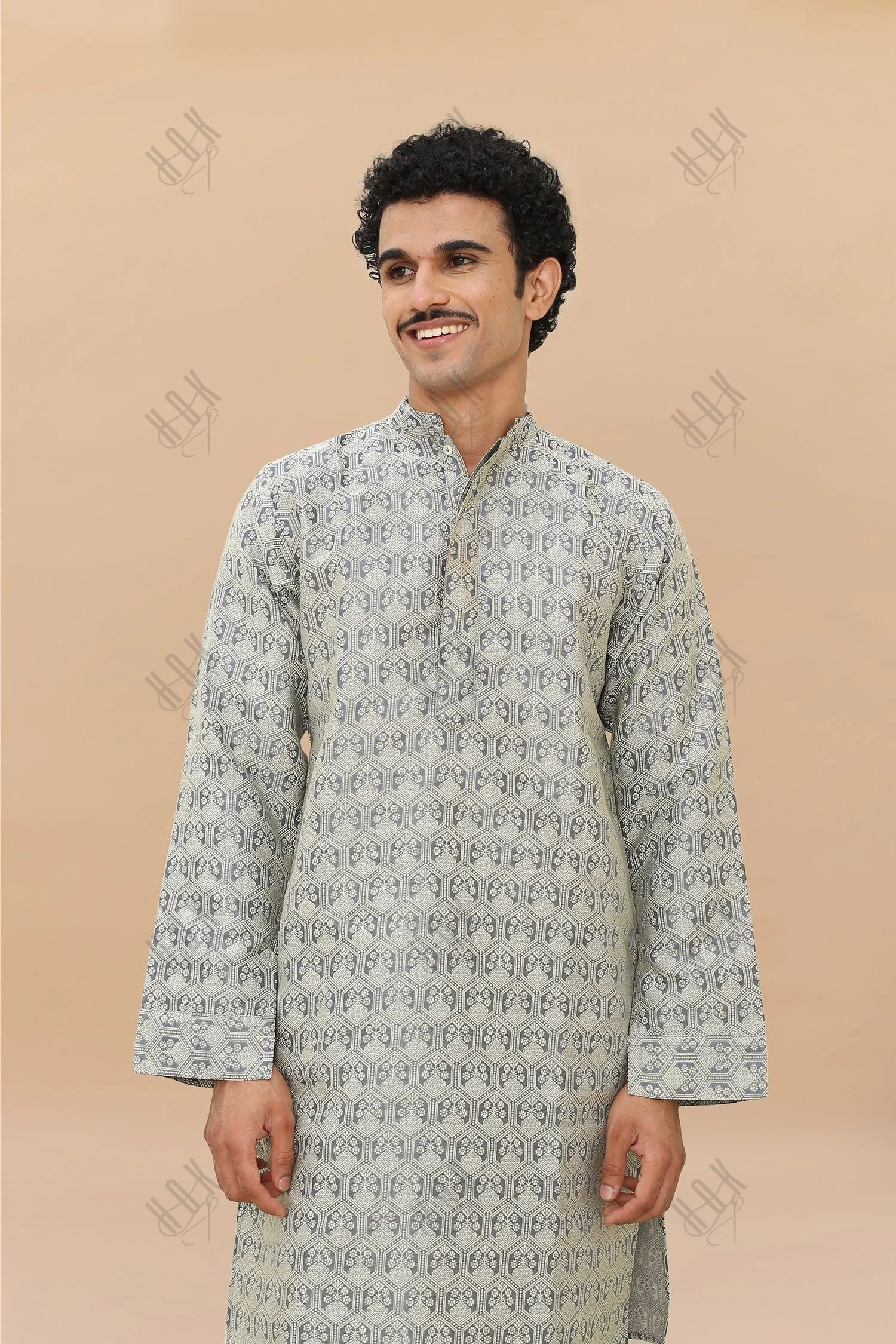 Men's Kurta In Jacquard Self  Grey Blue