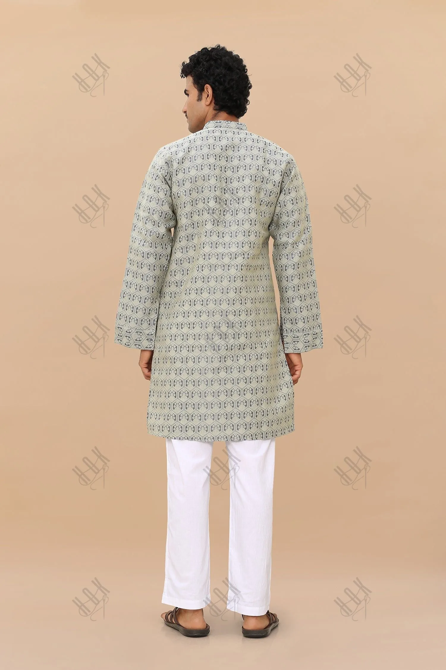 Men's Kurta In Jacquard Self  Grey Blue