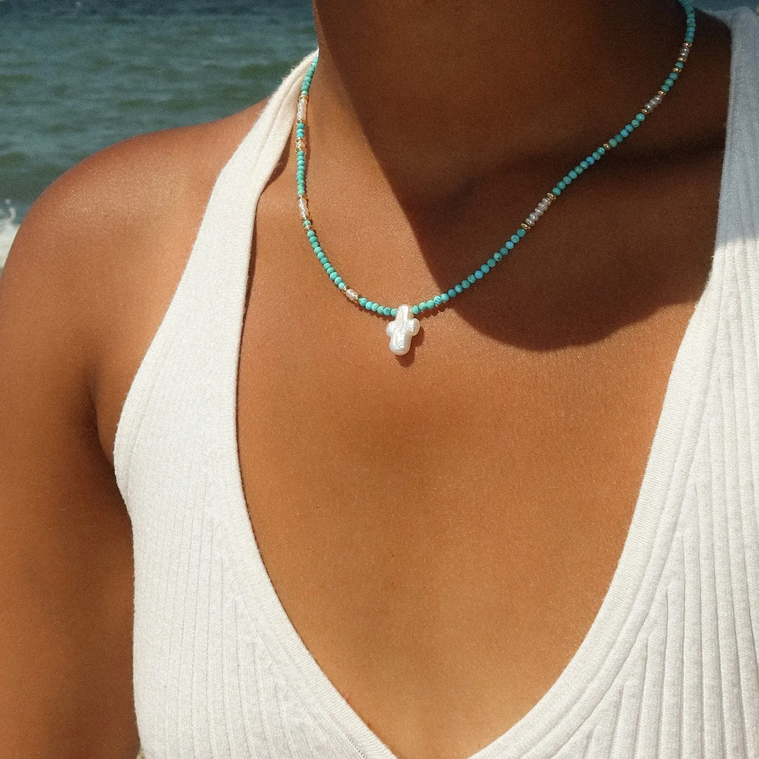 Pearl Cross Necklace | Turquoise