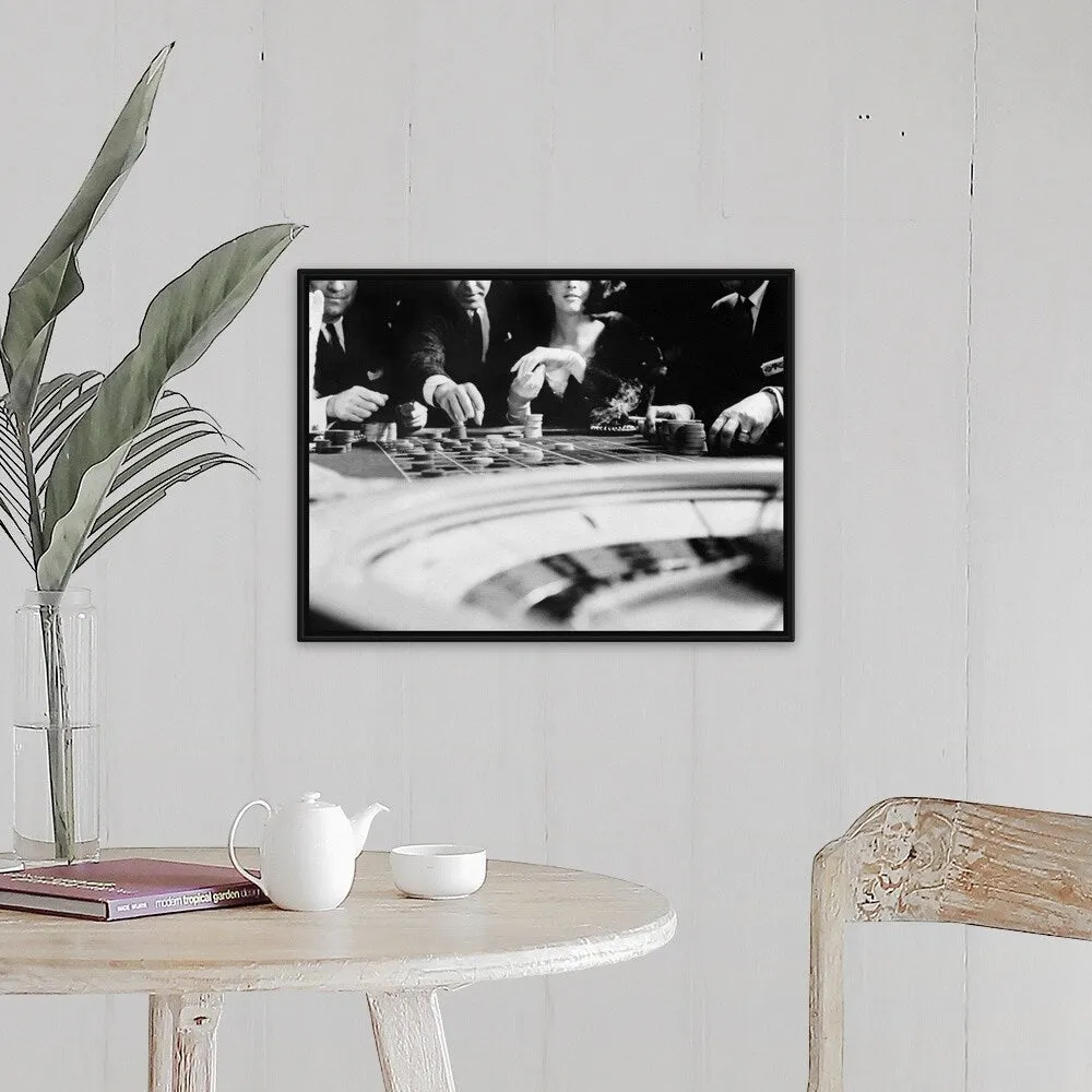 "1960's Four Anonymous Unidentified People Gambling Casino Roulette" Black Float Frame Canvas Art