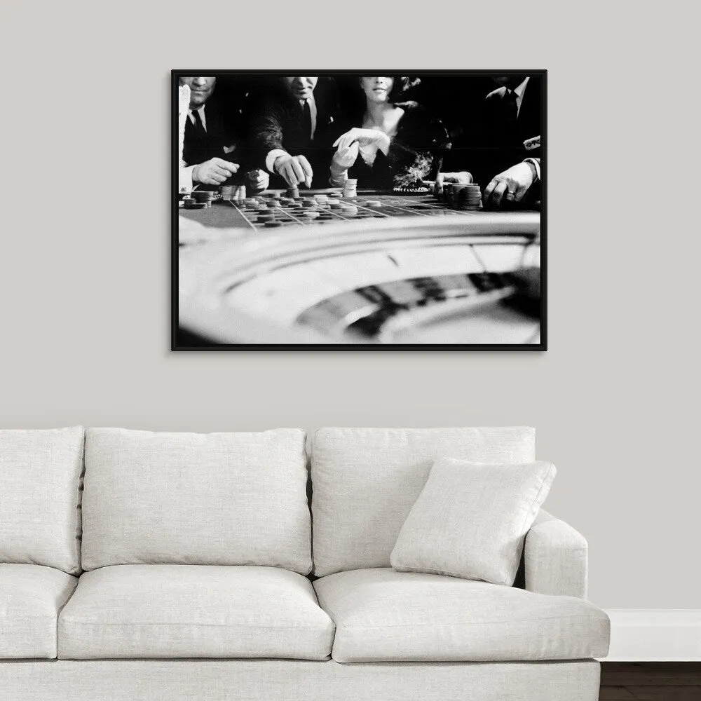 "1960's Four Anonymous Unidentified People Gambling Casino Roulette" Black Float Frame Canvas Art