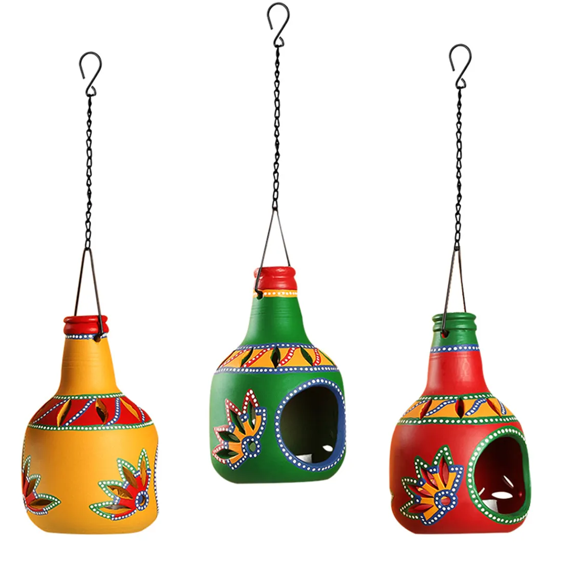 'The Bottle Trio' Handpainted Terracotta Tea Light Holders (Set Of 3)