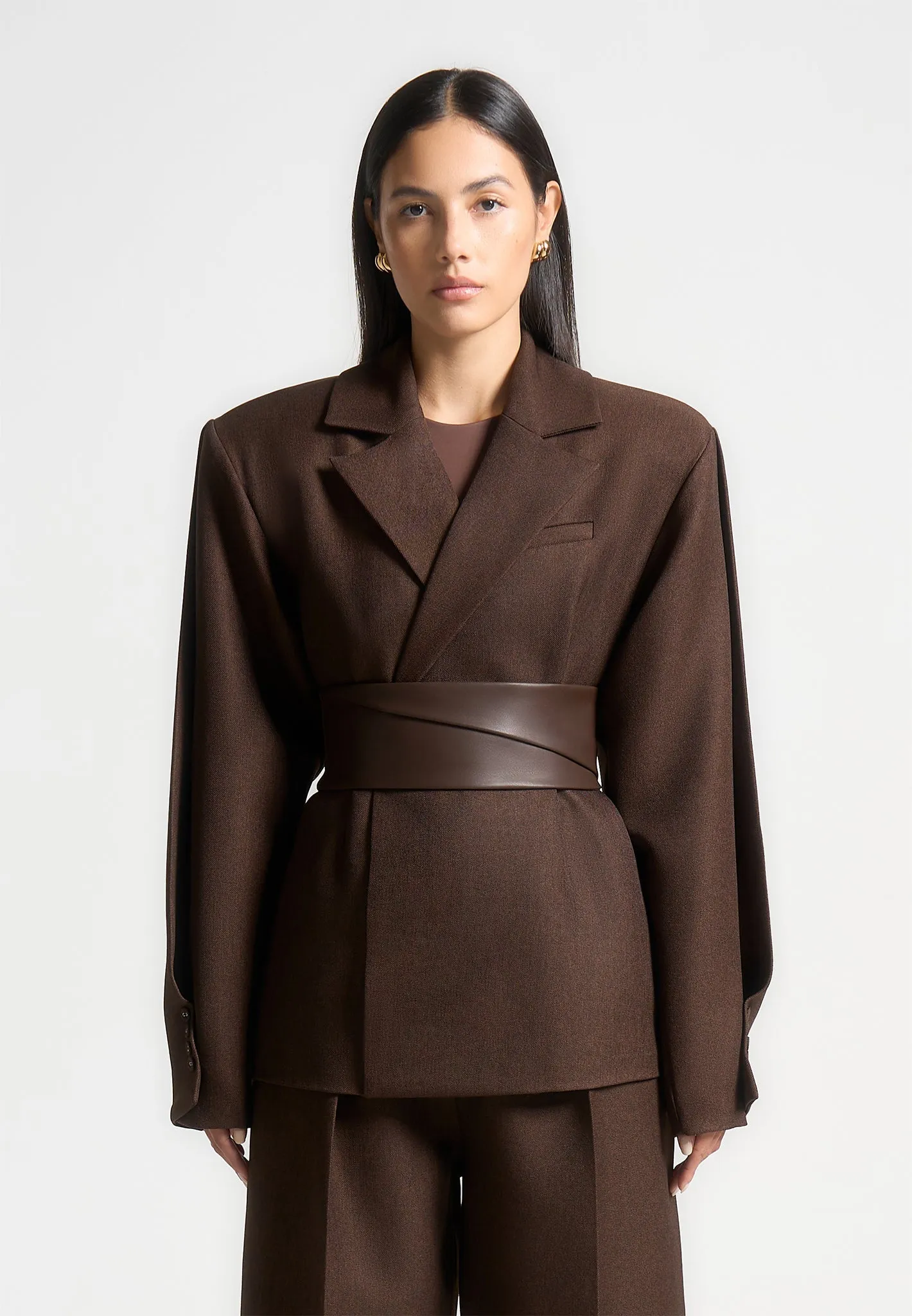 Twist Sleeve Tailored Blazer with Belt - Brown