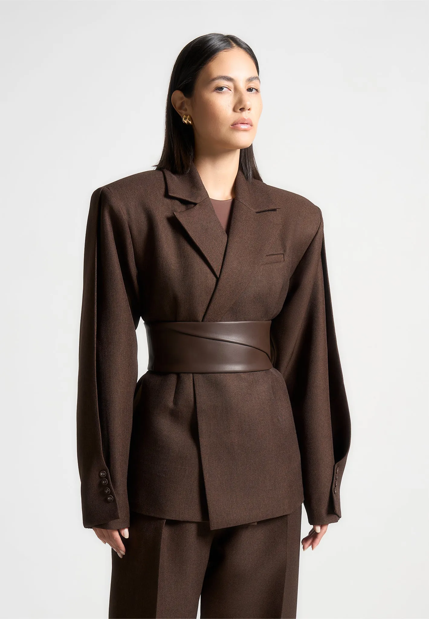 Twist Sleeve Tailored Blazer with Belt - Brown