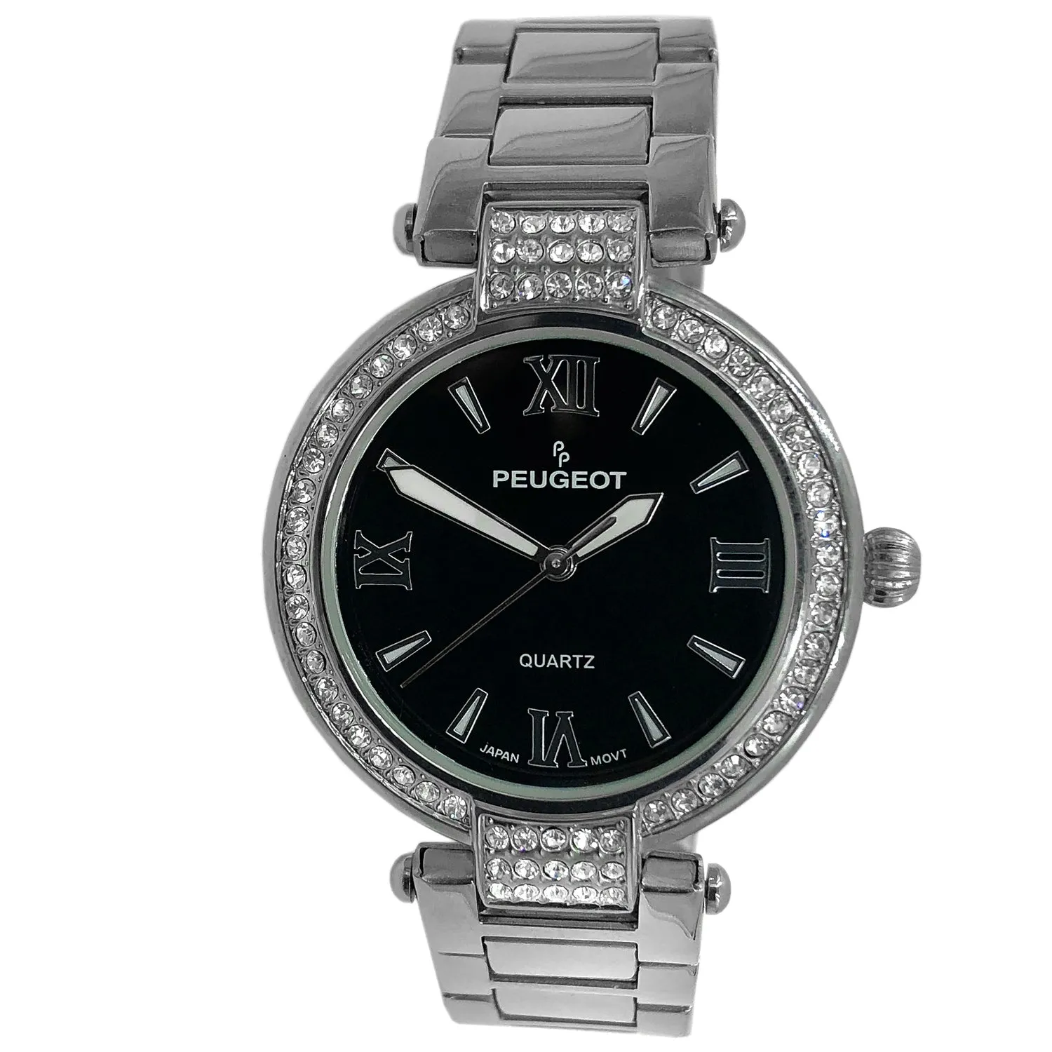 Women 38mm Silver Bracelet Watch Black Dial With Crystal Bezel