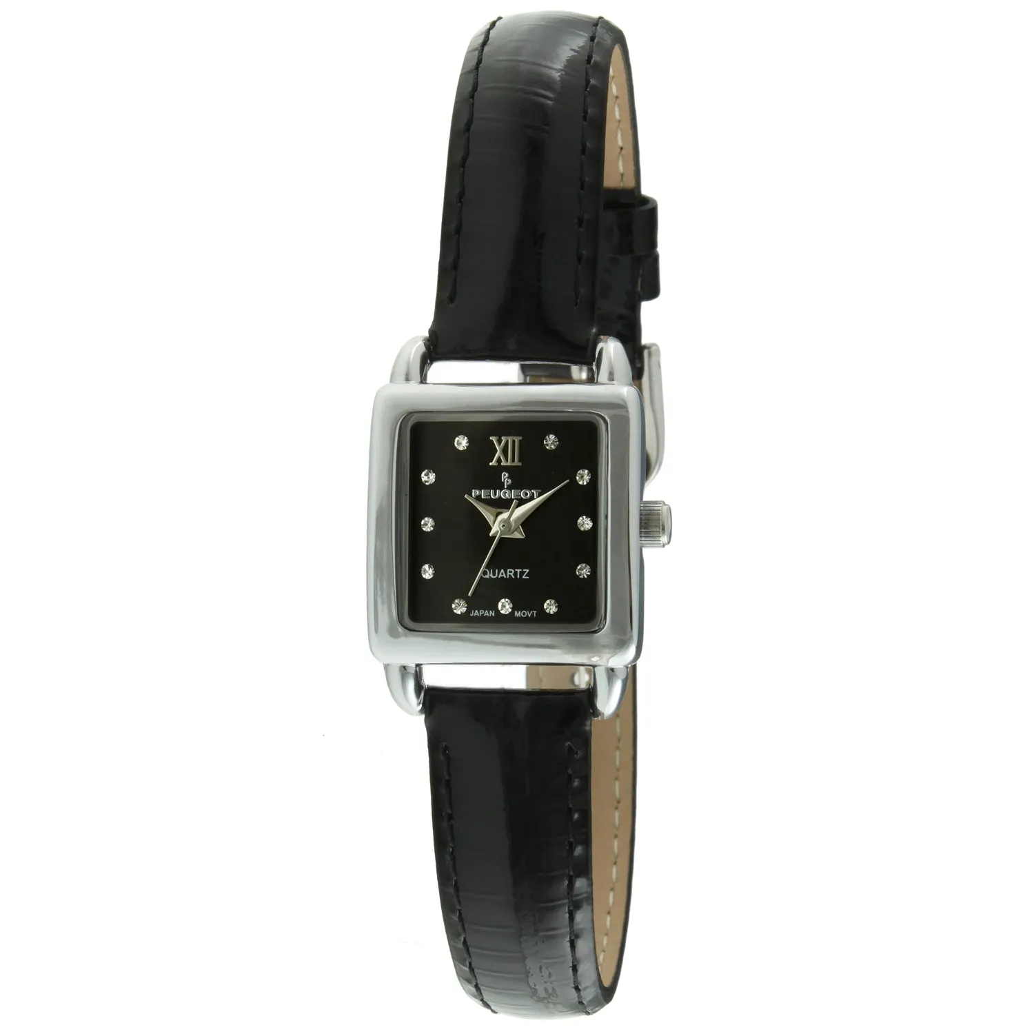 Women's 20mm Square Watch with Glossy Black Leather Strap