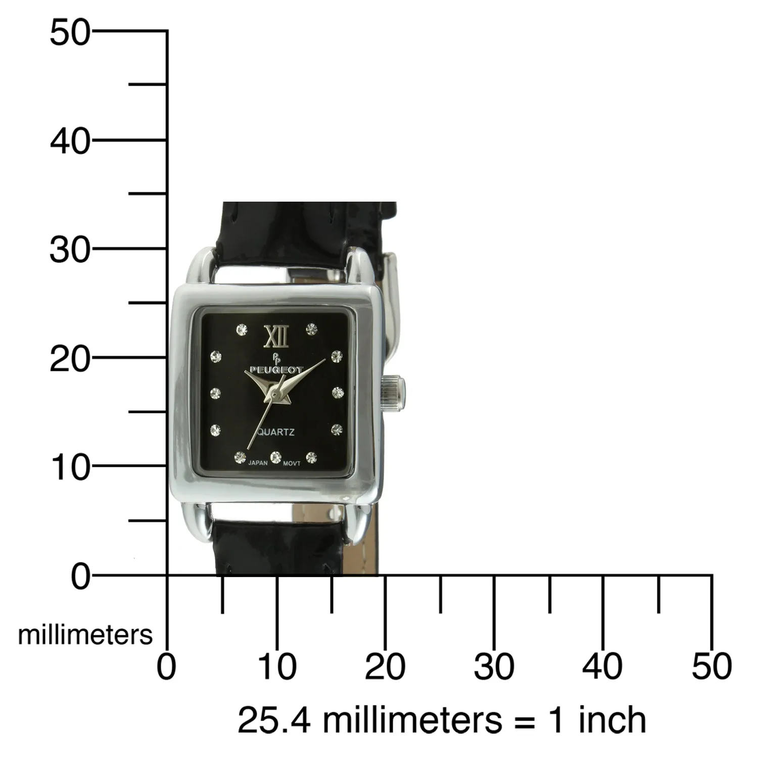 Women's 20mm Square Watch with Glossy Black Leather Strap